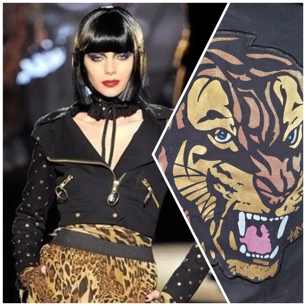 Betsey Johnson Tiger Studded Denim Moto Jacket Size 0 Archival‎ Y2K Punk Rocker
